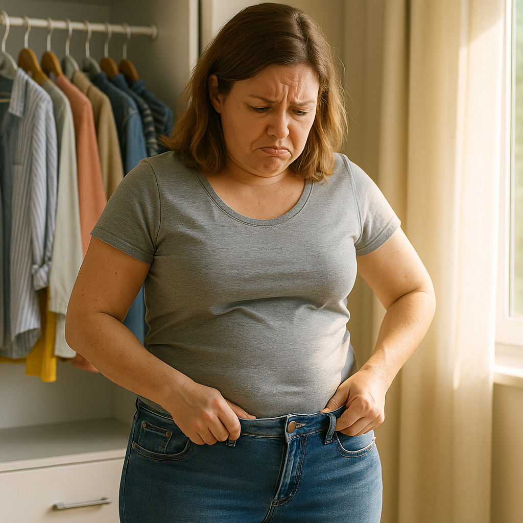 Woman frustrated trying on jeans