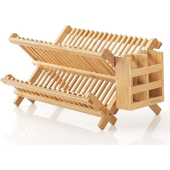 HBlife Bamboo Folding 2-Tier Dish Rack with Utensil Holder